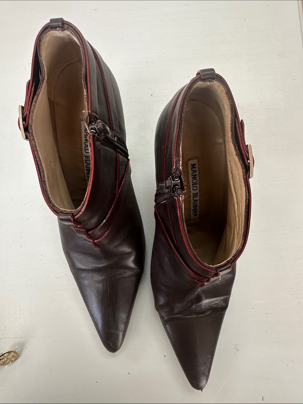 Manolo Blahnik Dark Brown Leather Pointed Ankle Boots with Red Trim